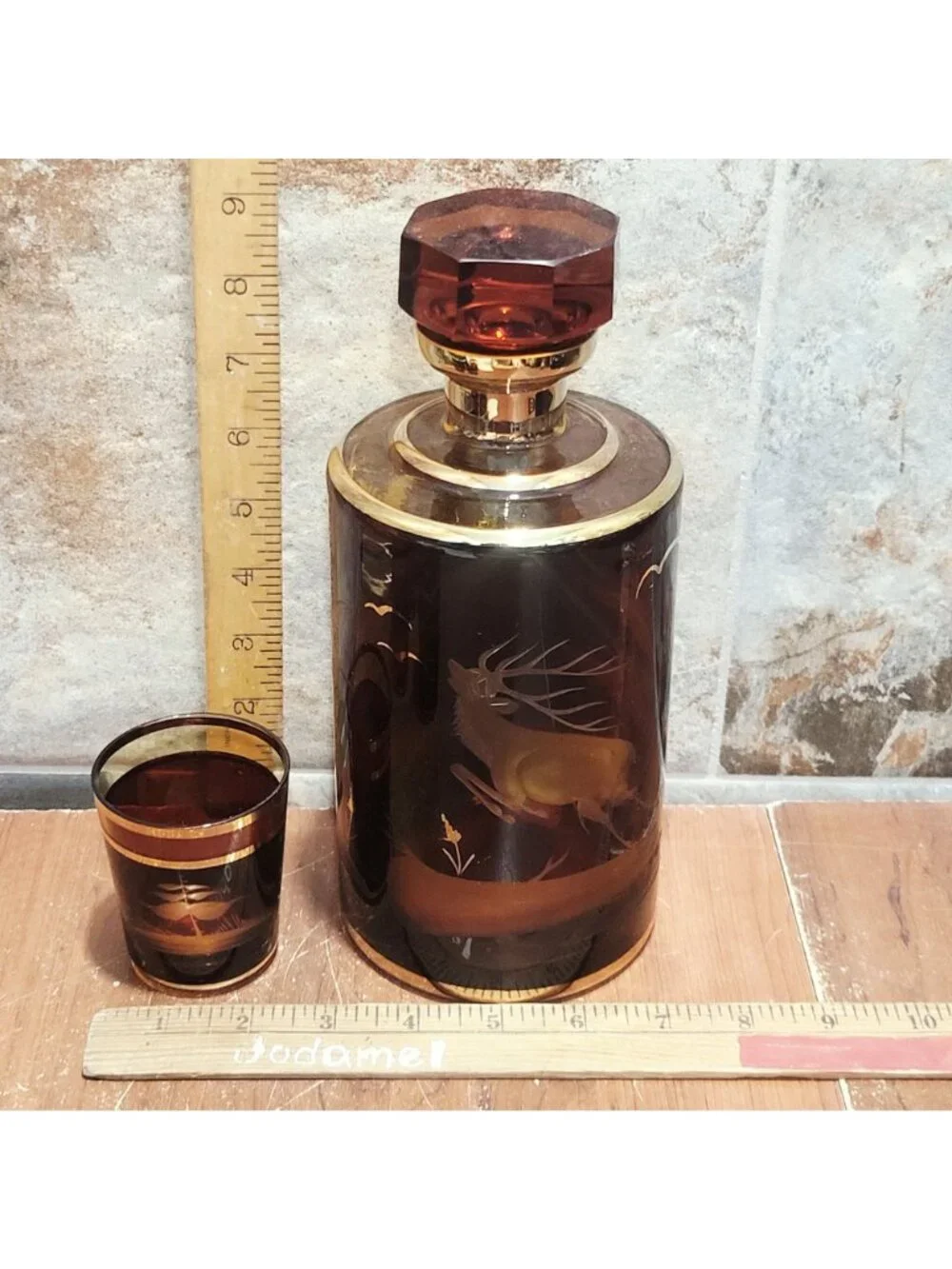 Vintage Bohemian Czech Amber Glass Decanter Etched Deer Stag Motif 24K Gold Trim